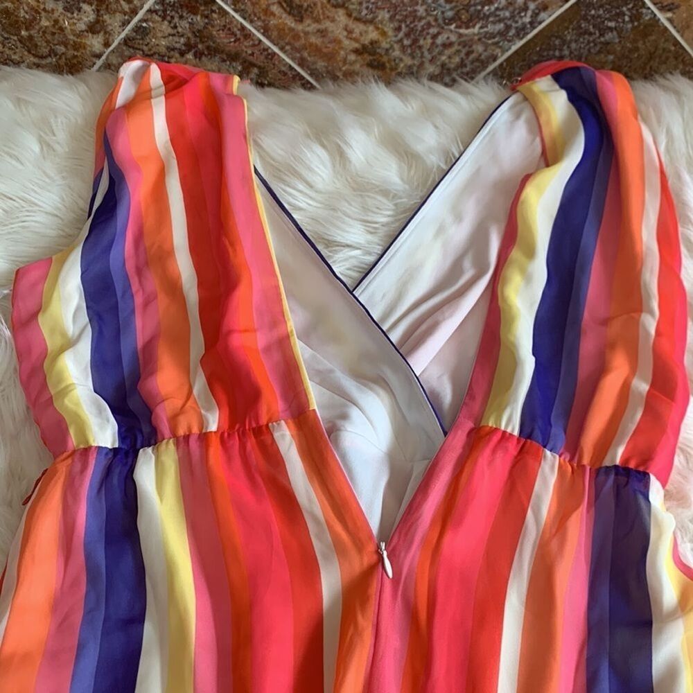 Julia Jordan Rainbow Stripe Surplice Wrap Midi Dress 12 Flounce Hem Sleeveless - Picture 6 of 11